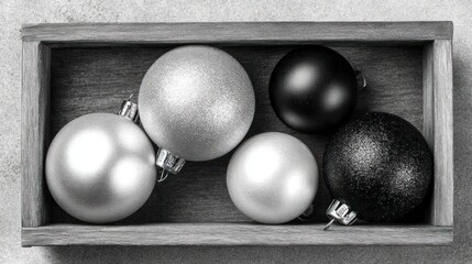 Decorative Christmas Baubles in Wooden Box with Silver and Black Colors for Holiday Decoration