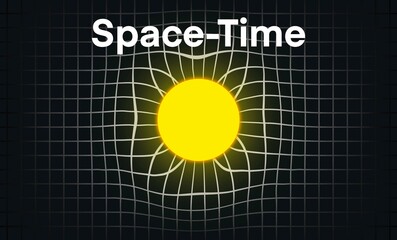 Scientific illustration of spacetime curvature showing a bright yellow sphere bending the surrounding grid, representing gravity, physics, and Einstein’s theory of relativity