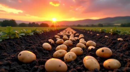 Golden Hour Harvest Rows of freshly dug potatoes gleam in the soft light of a setting sun, a picturesque scene of agricultural bounty.