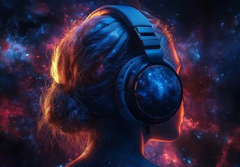Person wearing headphones with a cosmic, starry background, suggesting immersion in sound and the universe