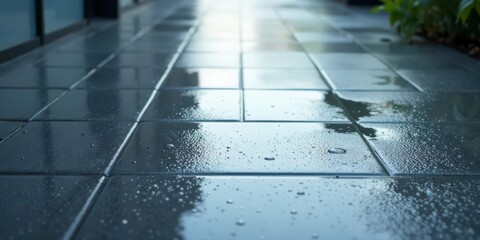 Reflective Wet Pavement Tiles After a Light Rain Shower Showing Water Droplets