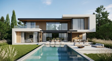 Fototapeta premium Architectural marvel, spacious house with luxurious pool and landscaping