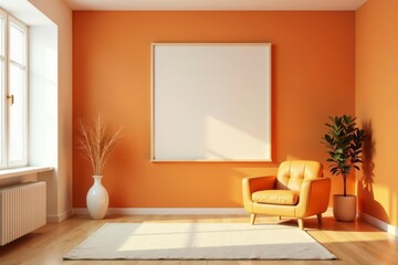 Sunlit Room with Orange Walls, Beige Rug, and a Leather Armchair Featuring a Large Blank Canvas