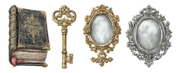 Vintage Book, Key, and Ornate Mirrors Isolated on Transparent Background