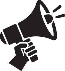 Hand holding megaphone announcing important information communication concept.