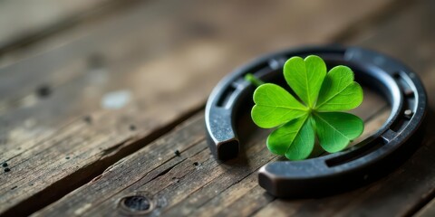 A Rustic Horseshoe and a Vibrant Four-Leaf Clover Resting on Weathered Wood