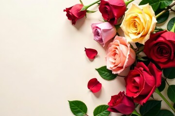 A delightful arrangement of various colored roses, showcasing delicate petals and vibrant hues, set against a soft backdrop