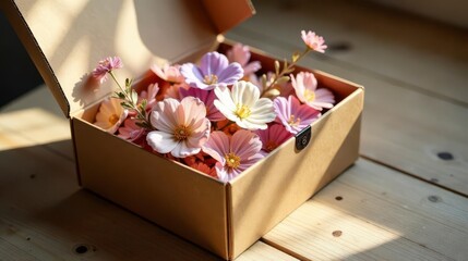 A delicate arrangement of pastel-colored blossoms nestled within a simple, unbleached cardboard box, bathed in soft sunlight on a wooden surface.