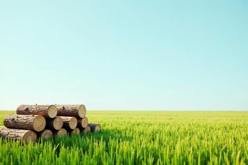 Stack of timber logs rests in a verdant field under a clear sky