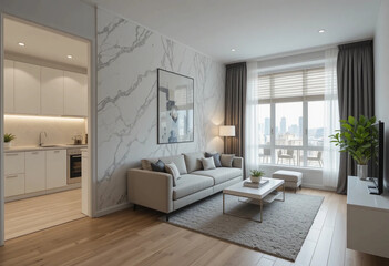 Beautiful studio apartment with marble wall, big window with blinds and stylish living room open to white kitchen. 3d rendering.
