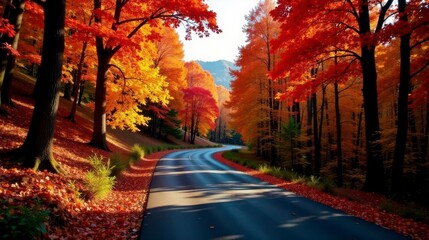 Autumnal Road Winding Through a Vibrant Canopy of Red and Gold Foliage