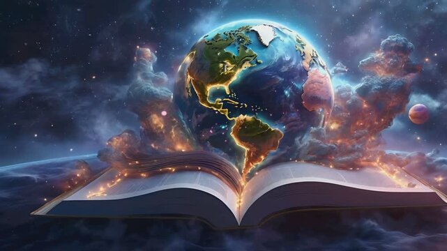 science theme, illustration of the earth on a book with a beautiful outer space background