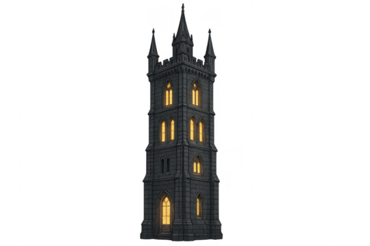 Dark gothic medieval castle tower illuminating windows - Powered by Adobe