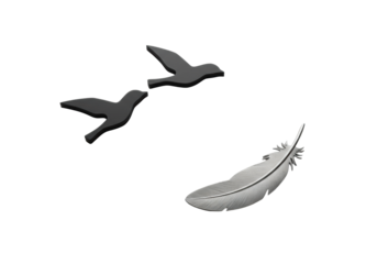 Three identical matte black bird silhouettes in an upward arc with a brushed steel feather, against a transparent background, high-key studio light, 45-degree view. Concept of modern elegance