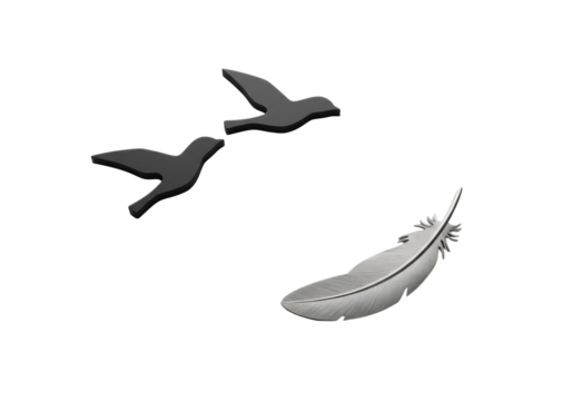 Three identical matte black bird silhouettes in an upward arc with a brushed steel feather, against a transparent background, high-key studio light, 45-degree view. Concept of modern elegance