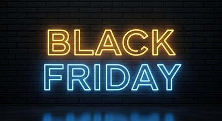 Black friday neon sign glowing in the dark, representing shopping and sales events