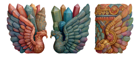 Colorful Artistic Creatures with Crystals on Isolated Background