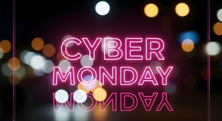 Cyber monday neon sign glowing in the dark with blurred city lights in the background