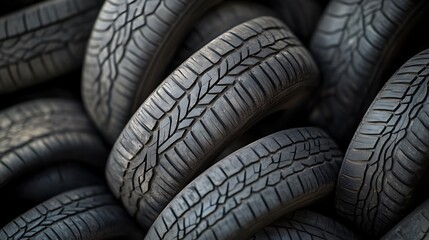 Obraz premium Pile of new car tires displaying tire treads with dark background for automotive concept