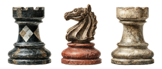 Three Detailed Chess Pieces With Unique Textures and Colors