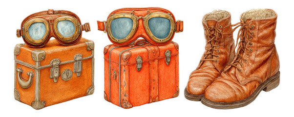 Vintage Travel Gear with Goggles, Suitcases, and Boots