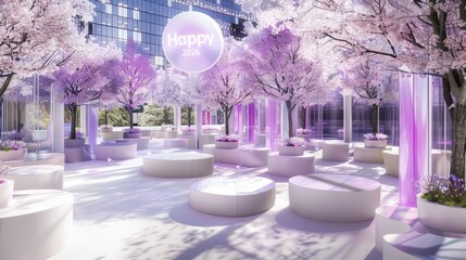 Decorative Outdoor Space with Cherry Blossom Trees and Illuminated Purple Accents for Celebration