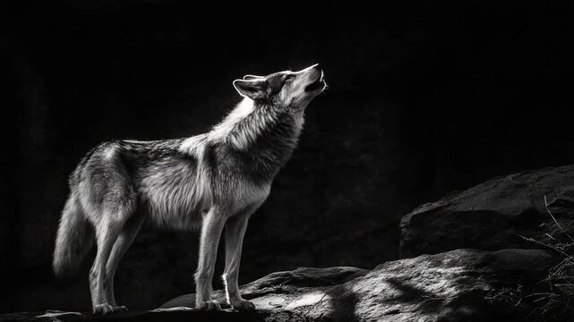 Dramatic monochrome image of a wolf howling silhouetted against a black backdrop
