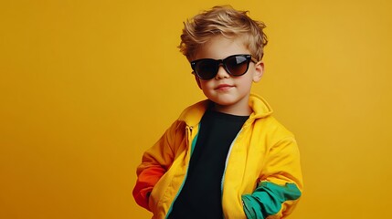 Stylish Young Boy with Blonde Hair, Sunglasses, and Yellow Jacket on Gold