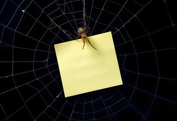 A blank yellow sticky note is stuck on a spider web and representing a mockup as well