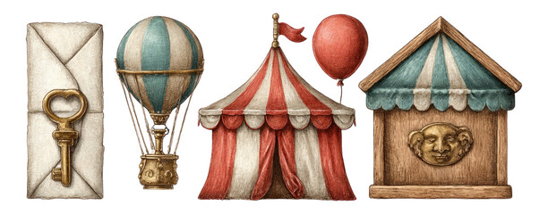 Vintage Carnival Elements: Balloon, Tent, Key, and Envelope