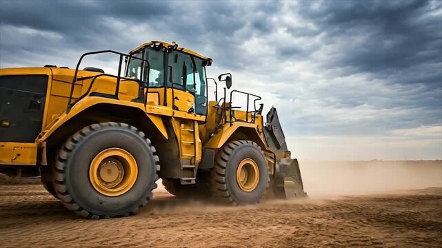 Yellow Wheel Loader Operating on Construction Site Under Dramatic Cloudy Sky