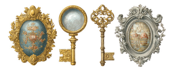 Ornate Decorative Elements with Elegant Key and Magnifying Glass