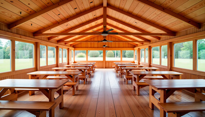 Fototapeta premium Empty rustic beer tent with long wooden tables and large windows, serene morning ambiance