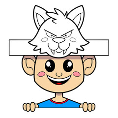 Boy wearing a black and white werewolf Halloween monster paper hat clip art