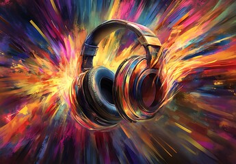 Immersive Soundscape Abstract Headphones Exploding with Vibrant Colors, Representing the Power of Music and Creativity