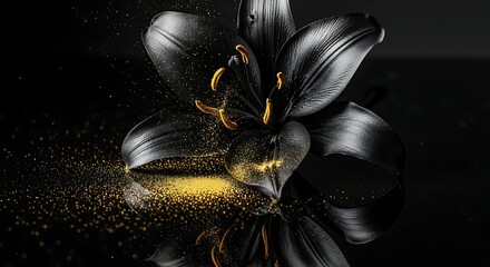 Fototapeta premium Dramatic Black Lily with Golden Sparkles on Reflective Surface, Dark Floral Art.