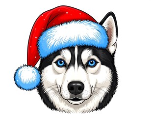 Festive Husky Wearing Santa Hat Illustration for Christmas and Winter Holidays
