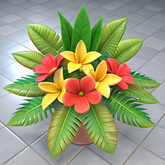 Obraz premium “Tropical Floral Arrangement with Red Leaves and Yellow Blossoms for Indoor Wedding or Ceremony Decoration”