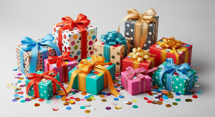 A vibrant collection of assorted gift boxes with colorful ribbons and confetti