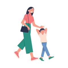 Woman Parent Walk with Son Have Close Relationship Spend Time Together Vector Illustration