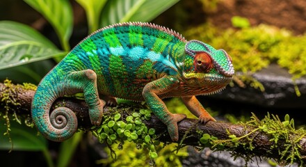 Obraz premium Vibrant chameleon basking on a mossy branch in its tropical habitat