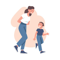 Woman Parent Walk with Son Have Close Relationship Spend Time Together Vector Illustration