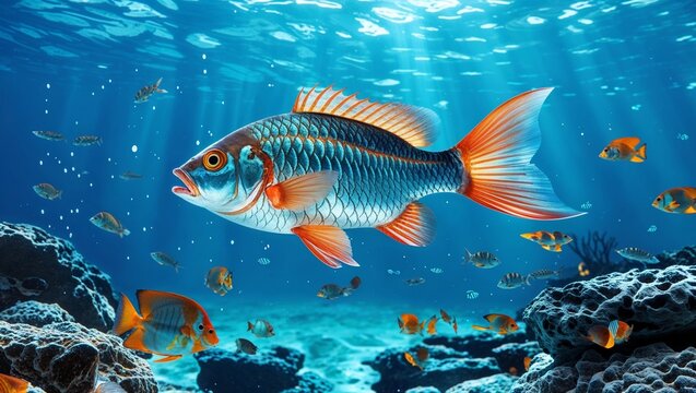 Cute tropical fish swimming in an aquarium, a colorful underwater nature illustration