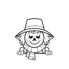 Scarecrow wearing a hat and striped scarf topper peeking over an edge clip art hand drawn black and white
