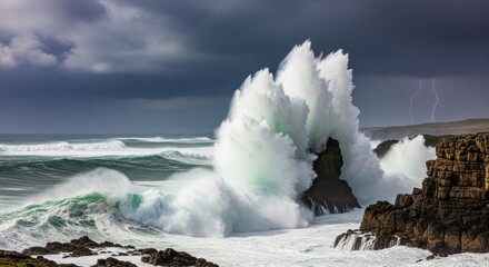 Dramatic coastal storm surges with powerful wave action and lightning