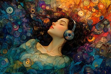 Young woman with headphones closed eyes surrounded by colorful abstract circles and shapes, immersed in a vibrant soundscape