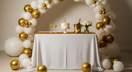 A festive table with a cake, champagne, and flowers, decorated with a balloon arch
