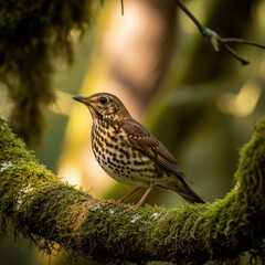 Spotted Song Thrush Perched on Mossy Branch in Lush Forest Setting