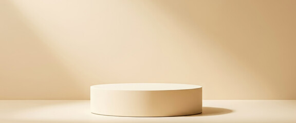 Beige cylindrical podium on a beige surface with a soft glowing light beam on the wall, creating elegant minimal shadows and a refined presentation display.