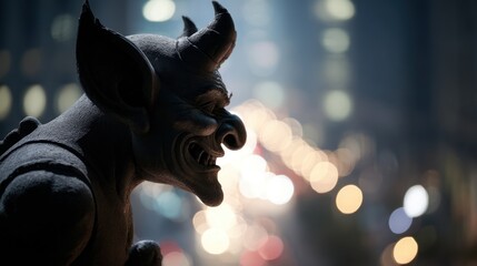 Stone gargoyle statue silhouette against city lights at night